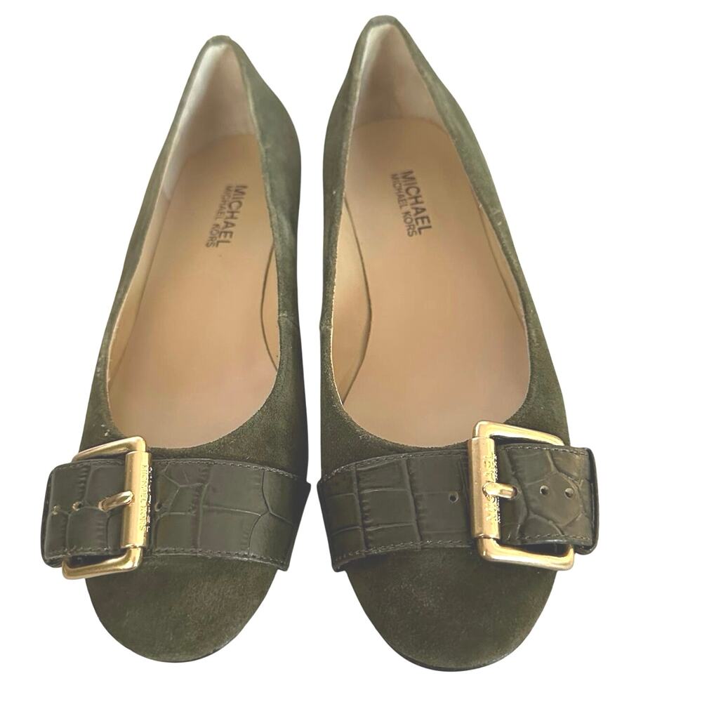 Michael Kors Fulton Womens Size‎ 7M Flat Dress Shoes Green Suede Leather Buckle